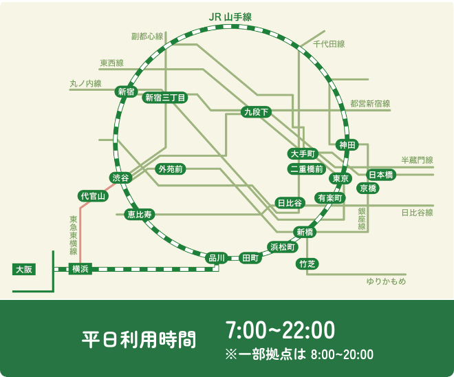 平日利用時間 7:00〜22:00 ※一部拠点は8:00〜20:00